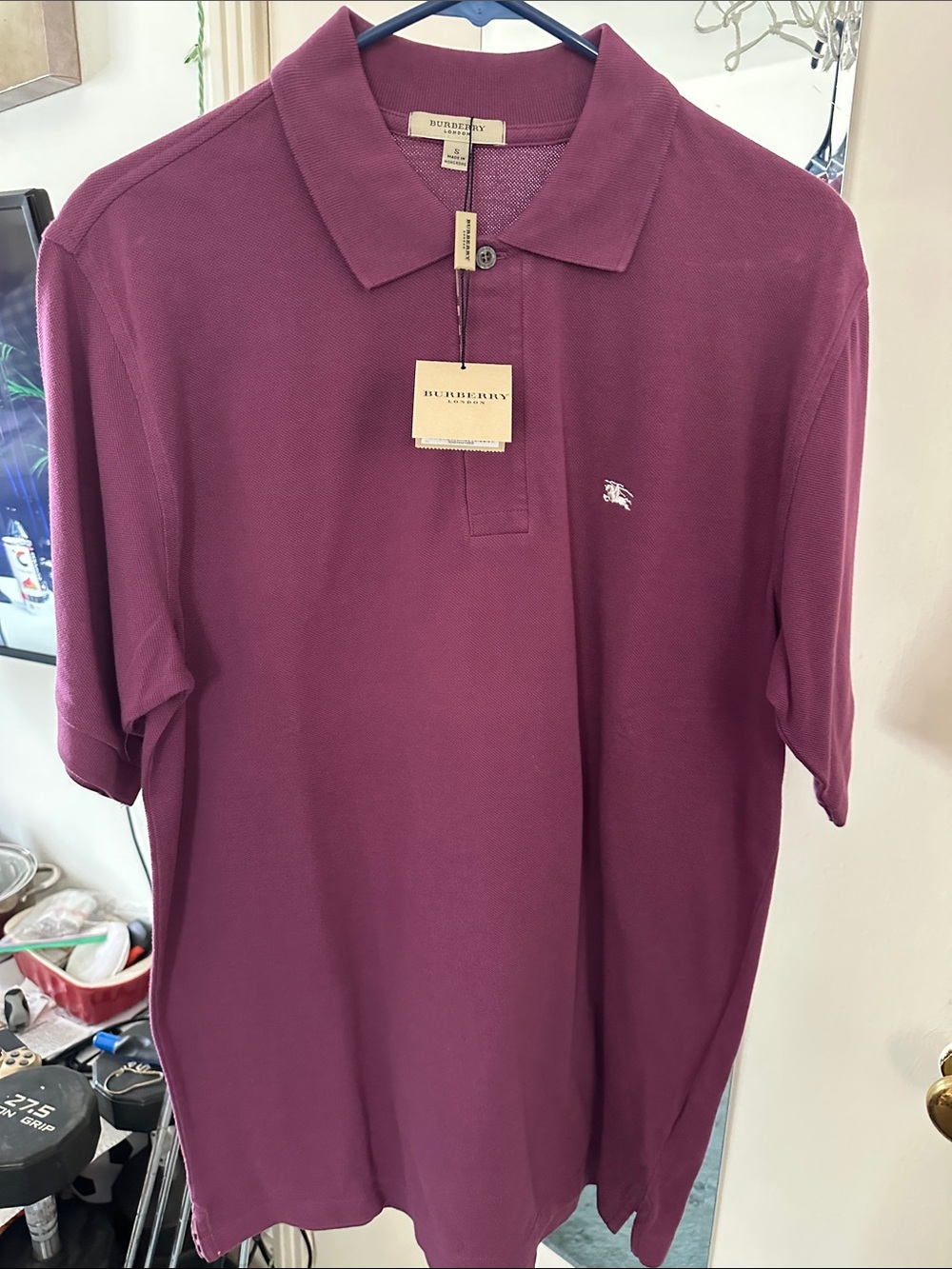 Burberry London Mens Short Sleeve 100% Cotton Polo Shirt New Small Purple White
